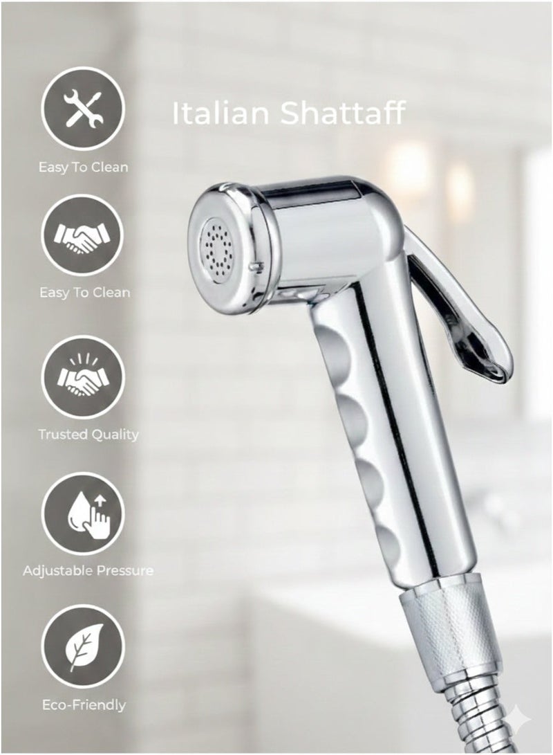 إيطاليان شٹاف بائیڈٹ سپرےر سیٹ – کروم فنش ہینڈ ہیلڈ سپرےر 120 سینٹی میٹر سٹینلیس سٹیل کی لچکدار نلی کے ساتھ، بائیڈٹ شٹاف سیٹ، ہینڈ ہیلڈ ٹوائلٹ سپرےر سایڈست پریشر کے ساتھ، ذاتی حفظان صحت اور صفائی کے لیے وال ماؤنٹ، مسلم شاور بائیڈٹ سپرے سیٹ - Image 2